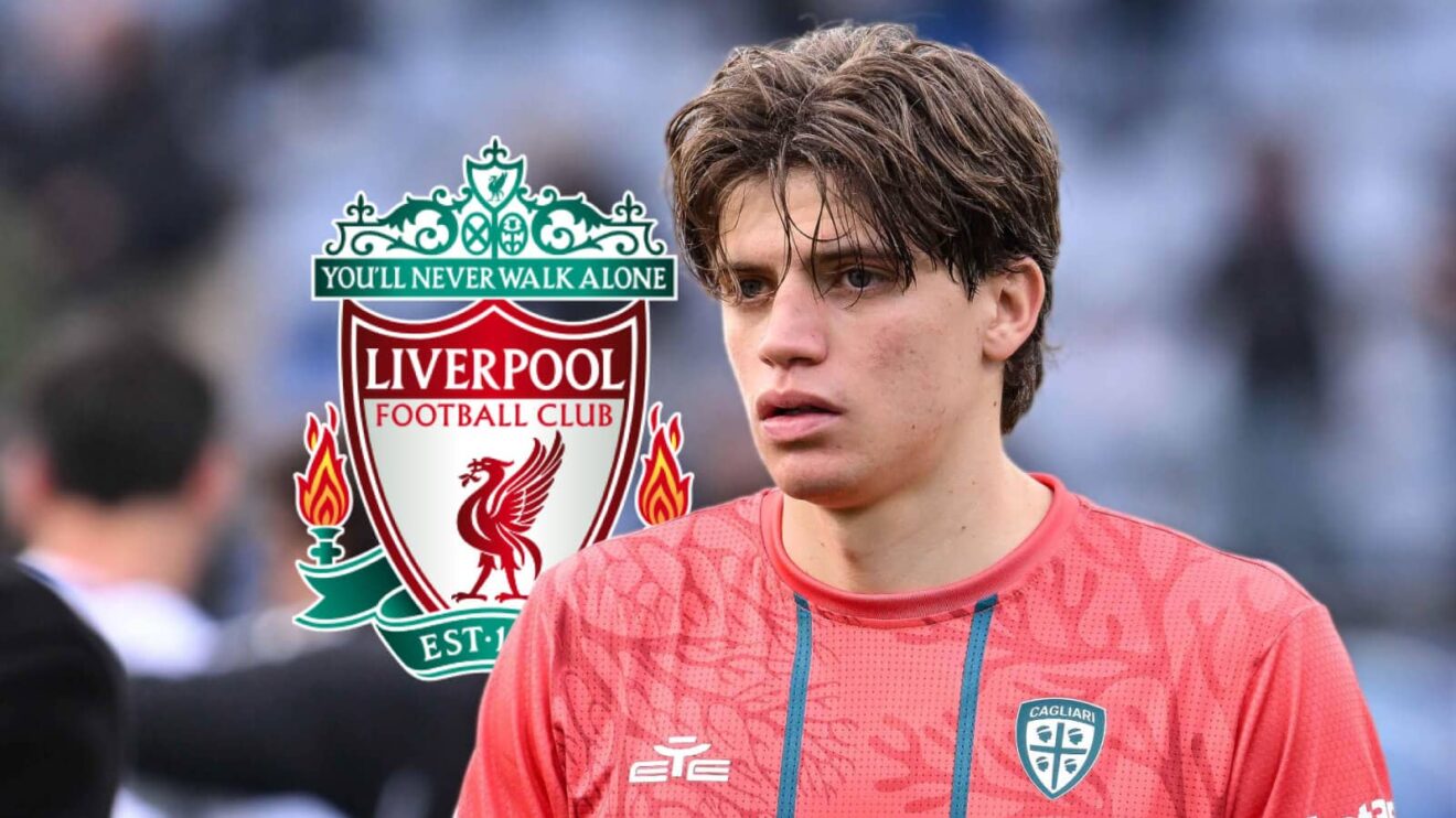 Cagliari star Marco Palestra with a Liverpool badge