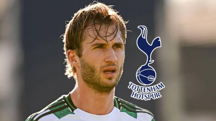Celtic star Benjamin Nygren with a Tottenham badge