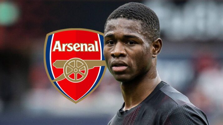 Bayer Leverkusen striker Christian Kofane, with an Arsenal badge