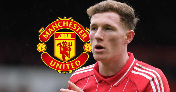 Manchester United badge and Nottingham Forest midfielder Elliot Anderson = copyright TEAMtalk