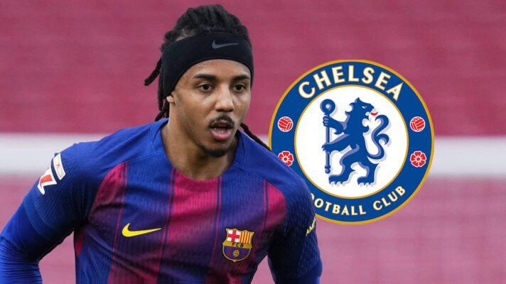 Barcelona star Jules Kounde, with a Chelsea badge