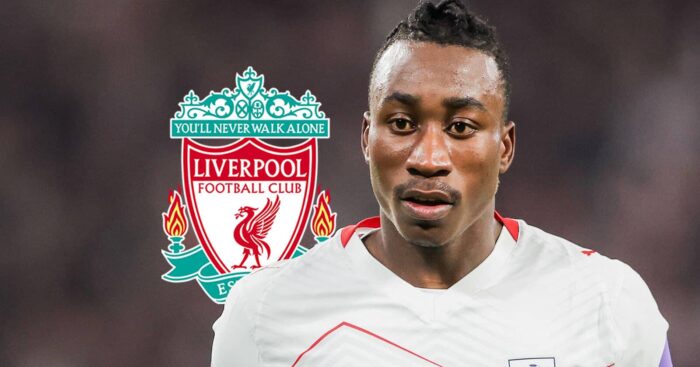 RB Leipzig star Yan Diomande with a Liverpool badge