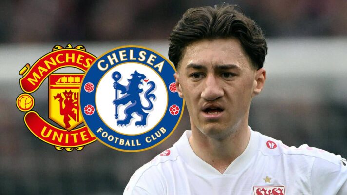 Stuttgart star Angelo Stiller, with Chelsea and Man Utd badges