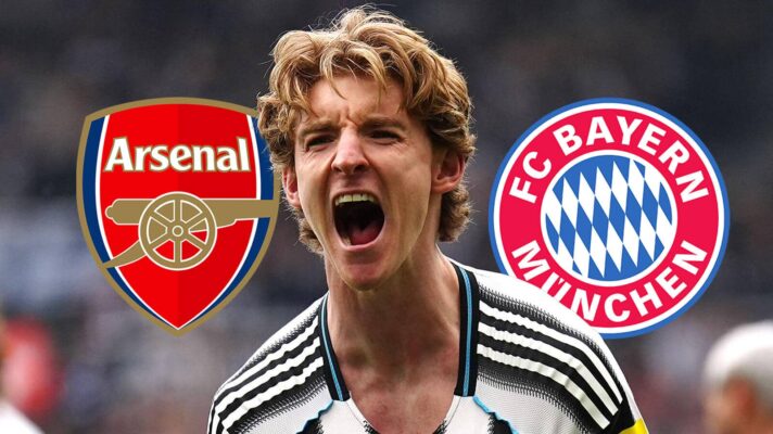 Arsenal badge, Newcastle United winger Anthony Gordon and Bayern Munich badge - copyright TEAMtalk