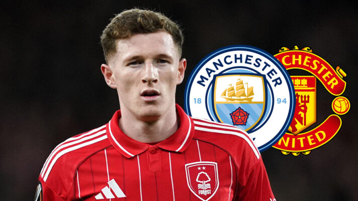 Nott'm Forest star Elliot Anderson with Manchester City and Manchester United badges