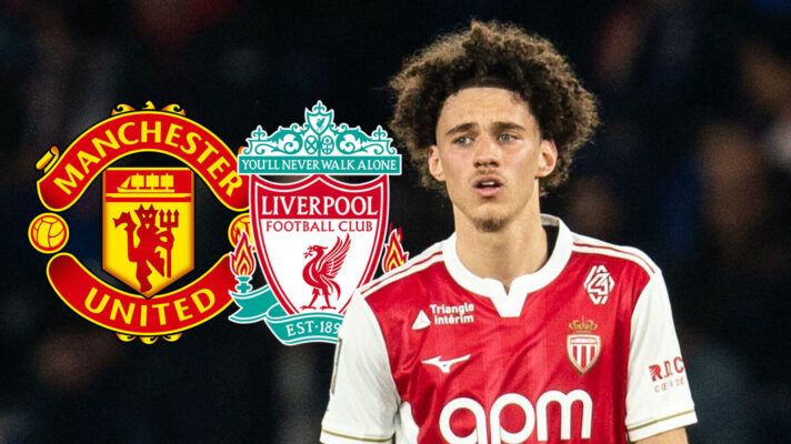 Monaco star Maghnes Akliouche with Man Utd and Liverpool badges