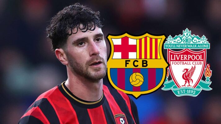 Bournemouth star Marcos Senesi with Barcelona and Liverpool badges