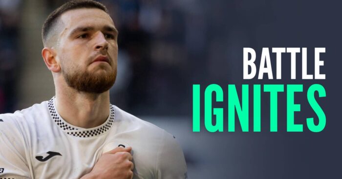 Swansea City striker Zan Vipotnik, with caption: Battle ignites