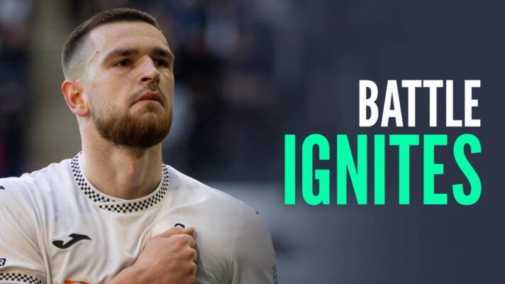 Swansea City striker Zan Vipotnik, with caption: Battle ignites