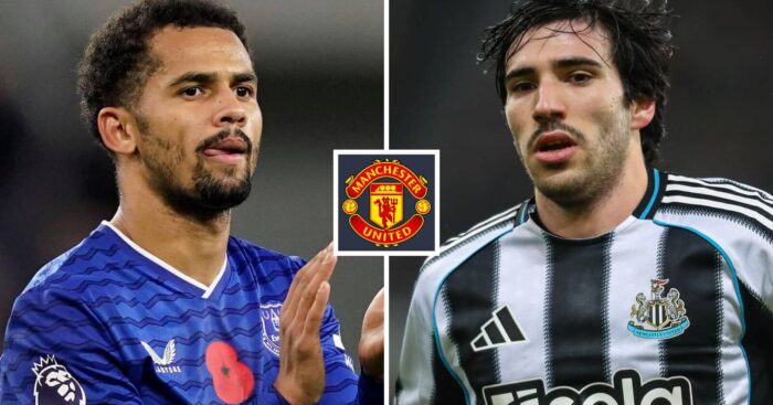 Everton star Iliman Ndiaye and Newcastle midfielder Sandro Tonali, with a Manchester United badge