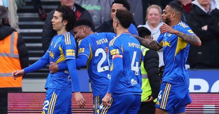 Leeds stars celebrating with Ao Tanaka