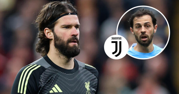 Liverpool goalkeeper Alisson Becker, Manchester City midfielder Bernardo Silva, Juventus badge