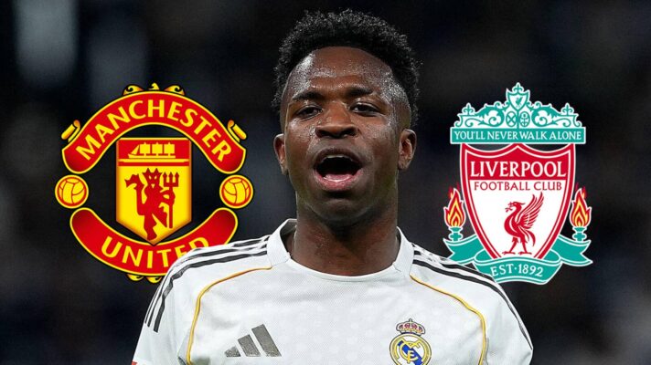 Vinicius Junior with Man Utd and Liverpool badges