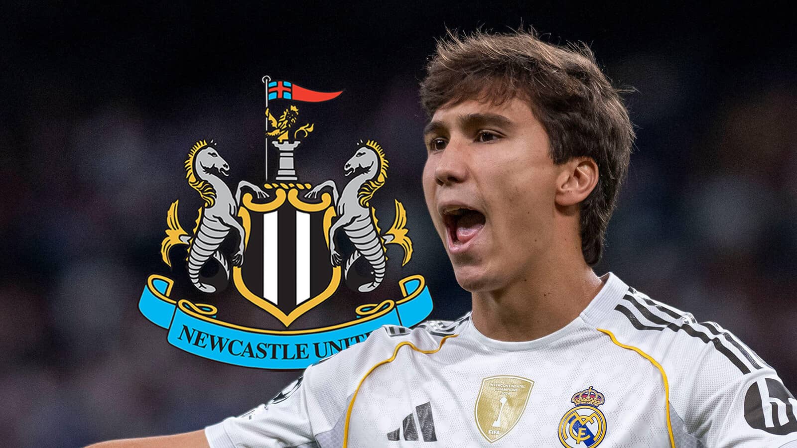 Newcastle United badge and Real Madrid striker Gonzalo Garcia - copyright TEAMtalk