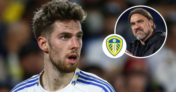 Leeds midfielder Anton Stach and, inset, Whites manager Daniel Farke next to the Leeds United badge