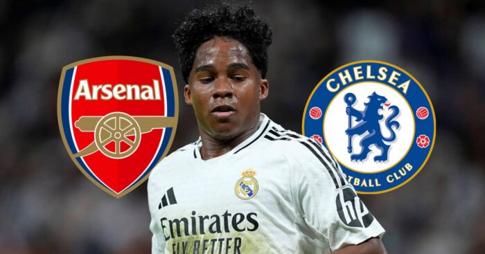 Arsenal badge, Real Madrid striker Endrick and Chelsea badge - copyright F365