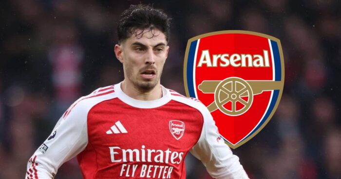 Arsenal forward Kai Havertz next to the Arsenal badge - copyright TEAMtalk