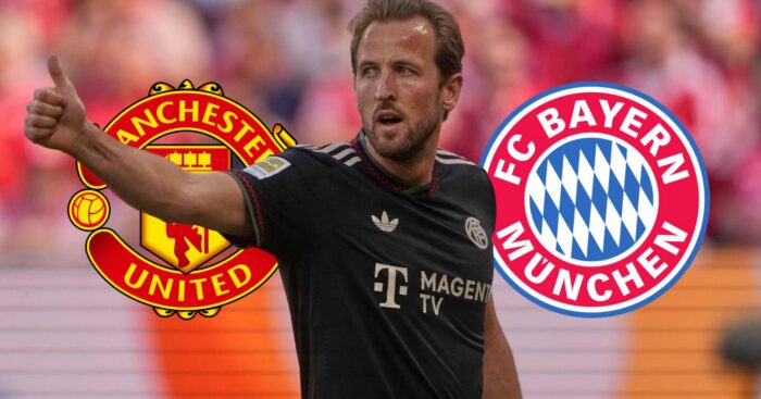 Harry Kane with Man Utd and Bayern Munich badges