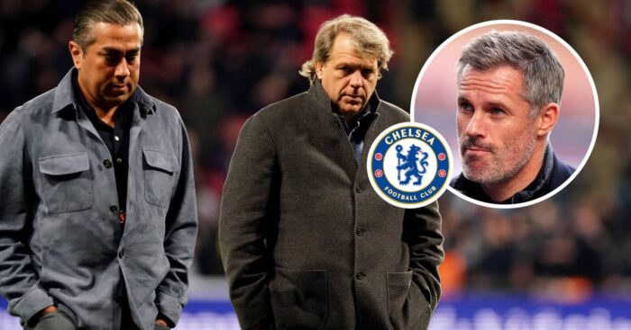 Chelsea owners Behdad Eghbali and Todd Boehly with Sky Spots pundit Jamie Carragher, inset, next to the Chelsea badge