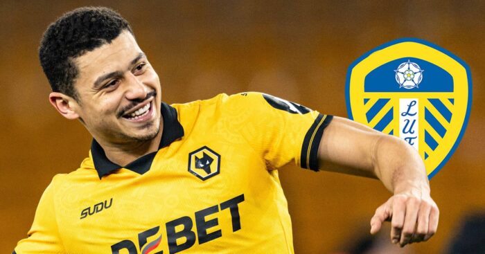 Wolves midfielder Andre next to the Leeds United badge