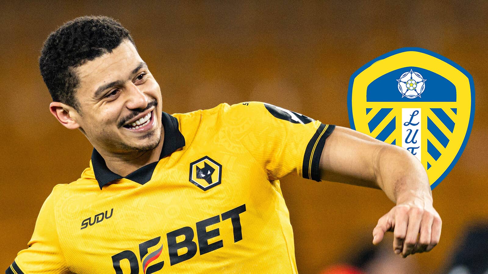 Wolves midfielder Andre next to the Leeds United badge