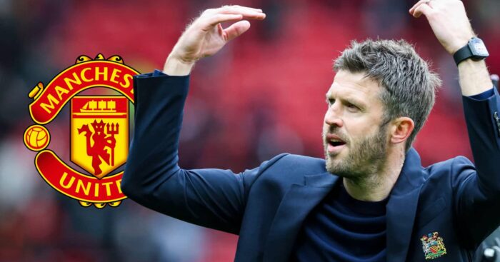A celebrating Michael Carrick next to the Manchester United badge