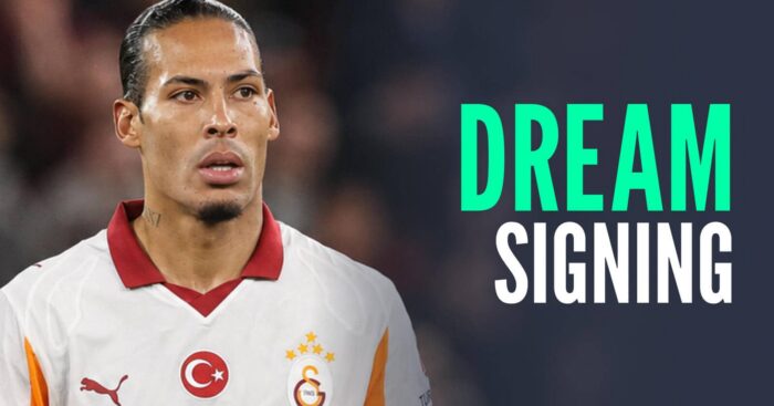 Liverpool star Virgil van Dijk with a Galatasaray shirt Photoshopped on him and the words 'dream signing'