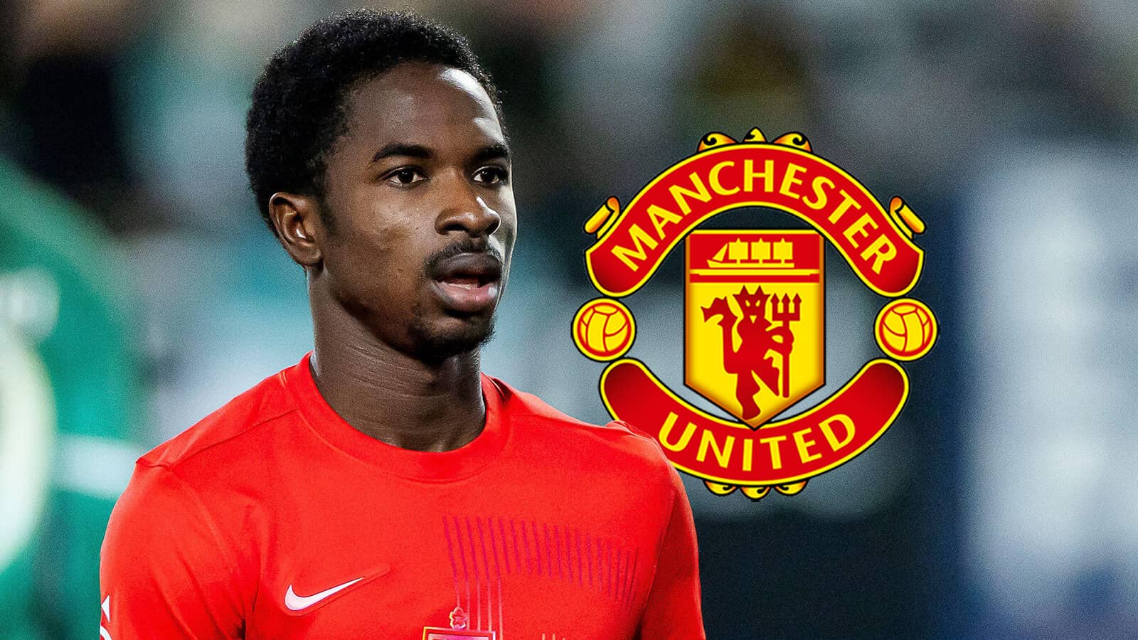 FC Nordsjaelland winger Prince Amoako Junior next to the Manchester United badge - copyright TEAMtalk