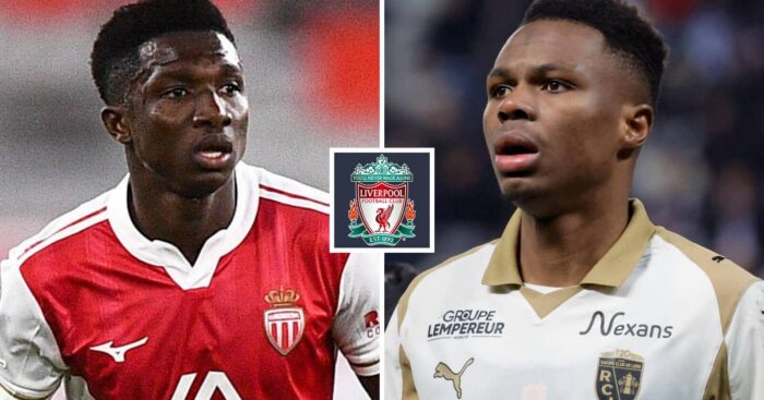 Monaco's Lamine Camara and Mamadou Sangare next to the Liverpool badge