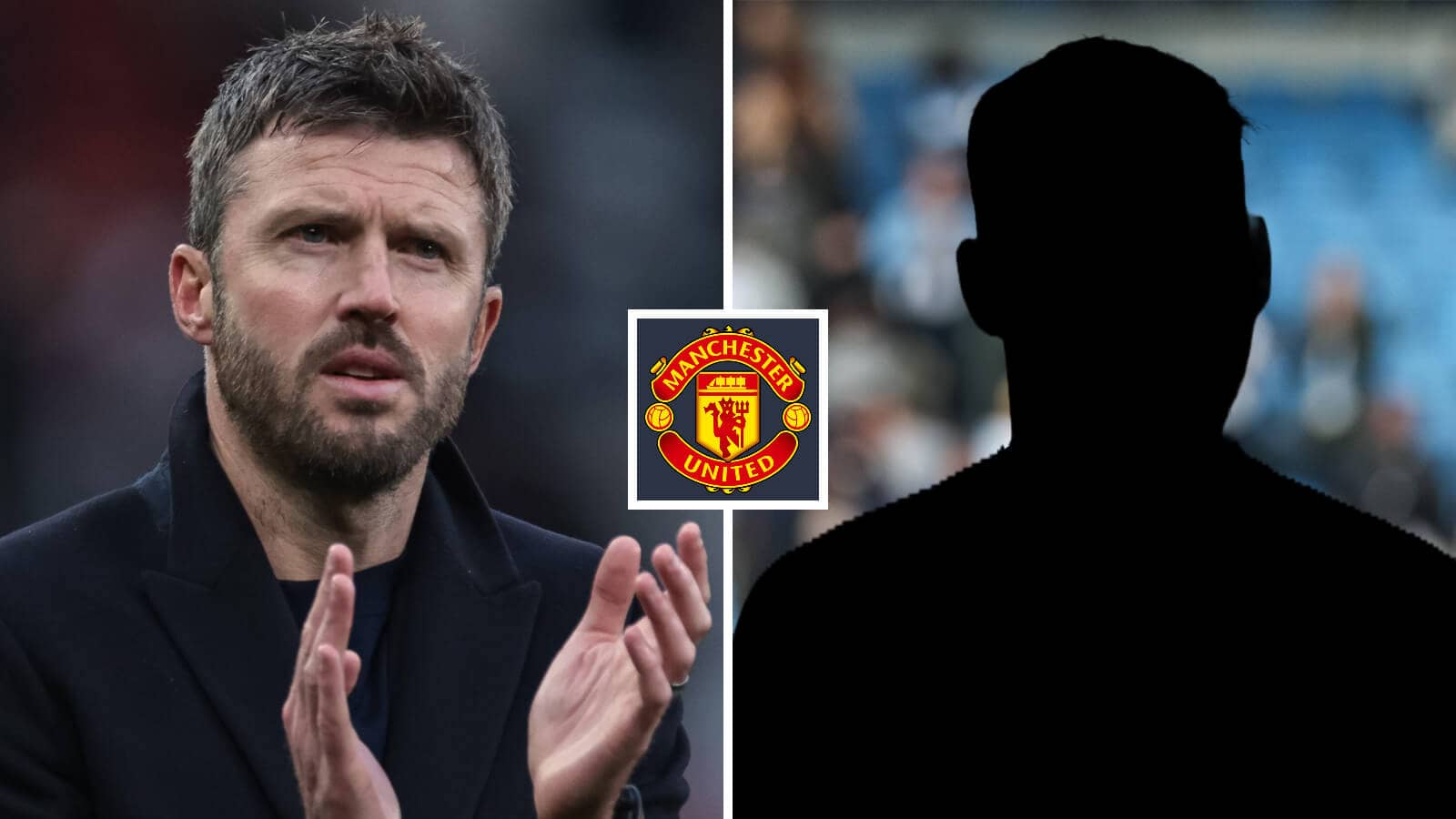 Split image of Manchester United interim manager Michael Carrick and a shadow with the Manchester United badge in between - copyright TEAMtalk