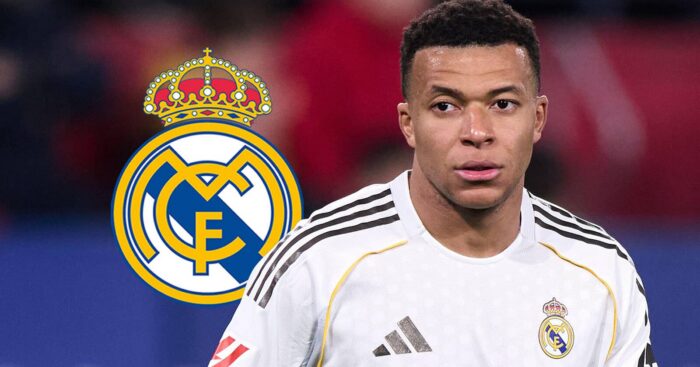 Real Madrid badge and Real Madrid striker Kylian Mbappe - copyright TEAMtalk