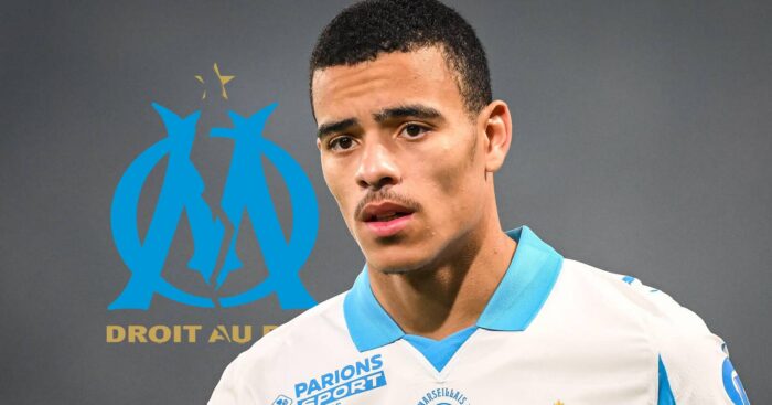 Cracked Marseille badge and Marseille forward Mason Greenwood - copyright TEAMtalk