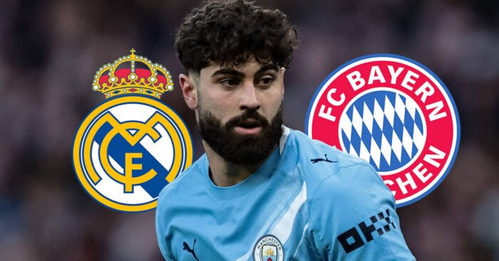 Real Madrid badge, Manchester City defender Josko Gvardiol and Bayern Munich badge - copyright TEAMtalk