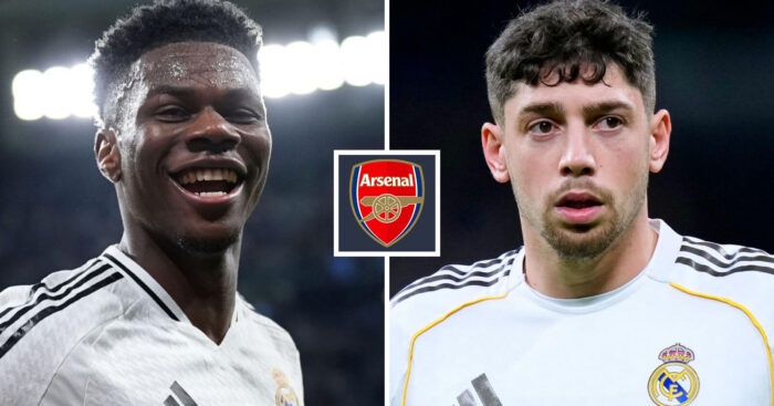 Split image of Real Madrid duo Aurelien Tchouameni and Federico Valverde with the Arsenal badge in between - copyright TEAMtalk
