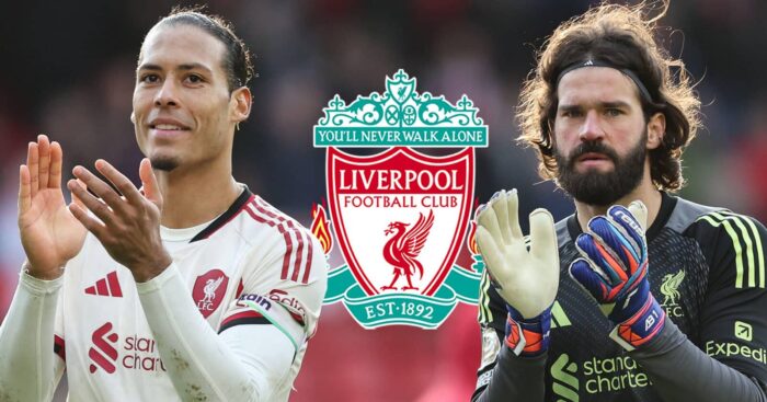 Liverpool duo Virgil van Dijk and Alisson with the Liverpool badge between them - copyright TEAMtalk