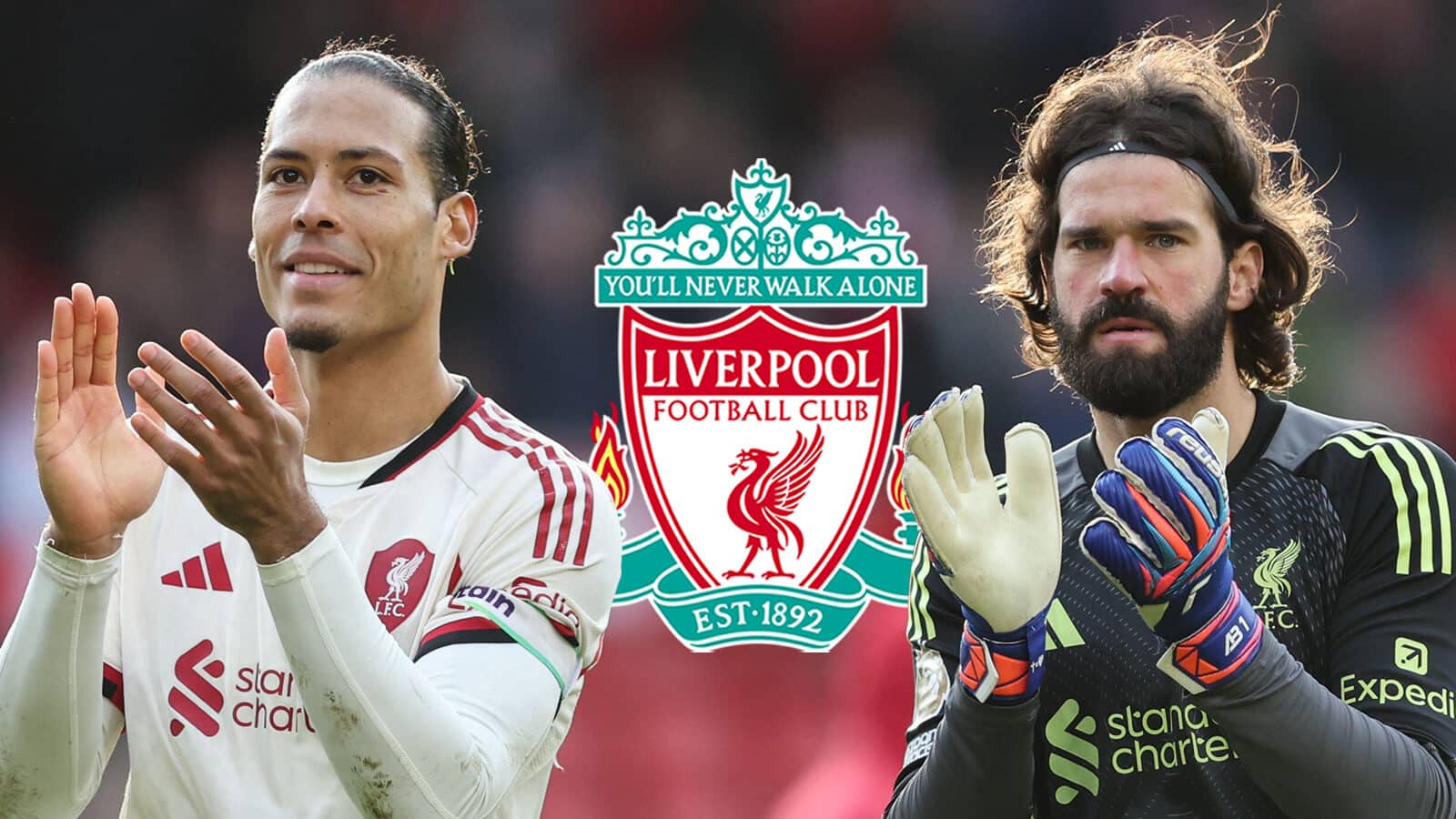 Liverpool duo Virgil van Dijk and Alisson with the Liverpool badge between them - copyright TEAMtalk