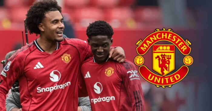 Joshua Zirkzee, Kobbie Mainoo with Man Utd badge