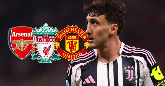 Juventus' Andrea Cambiaso with Man Utd, Liverpool and Arsenal badges