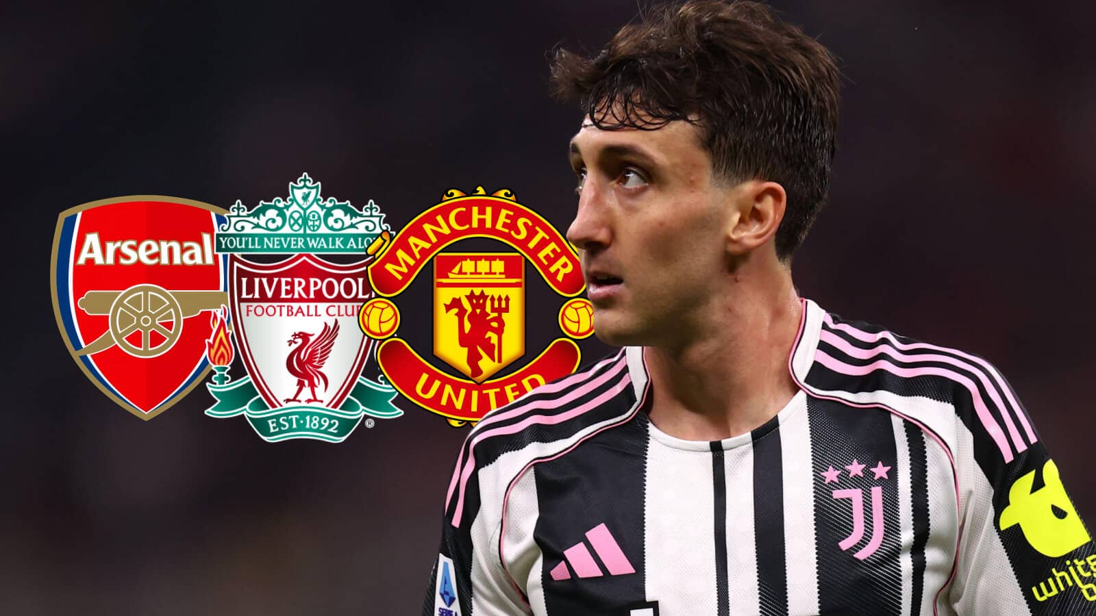Juventus' Andrea Cambiaso with Man Utd, Liverpool and Arsenal badges