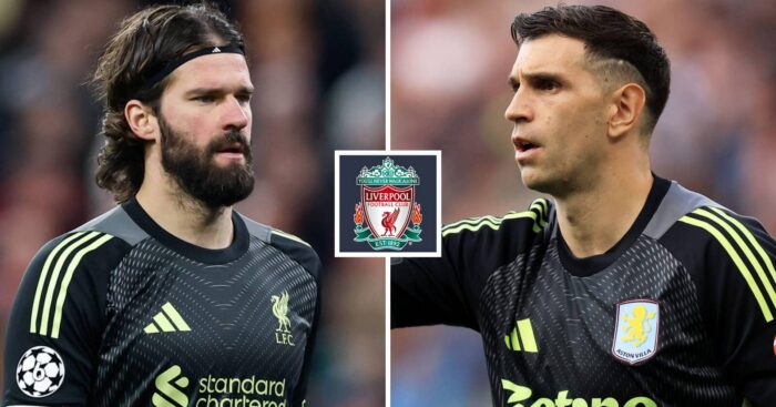 Liverpool goalkeeper Alisson Becker with Aston Villa's Emiliano Martinez, either side of the Liverpool FC badge