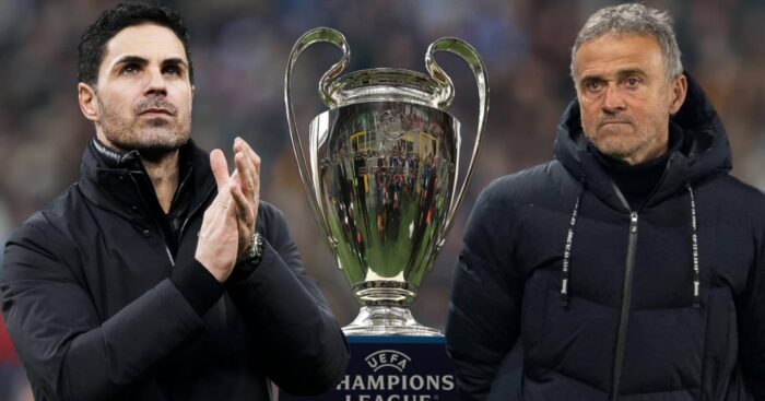 Mikel Arteta, Luis Enrique with Champions League trophy