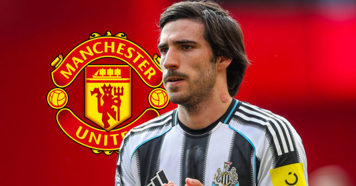 Manchester United badge and Newcastle United midfielder Sandro Tonali - copyright TEAMtalk