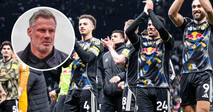 Jamie Carragher, inset, has been impressed by Leeds United this season as they celebrate with their fans