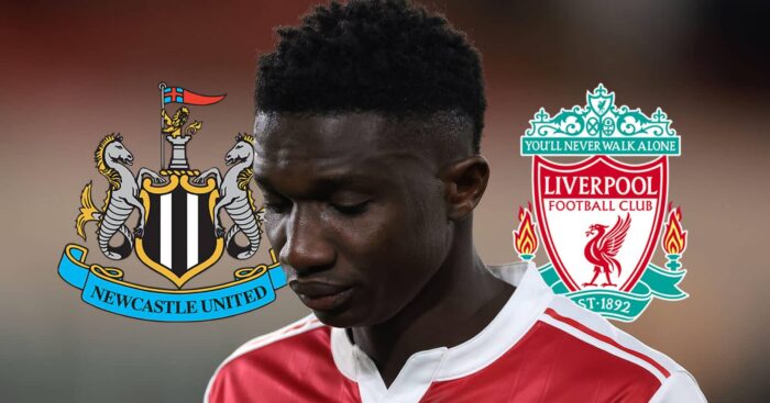 Monaco midfielder Lamine Camara next to the badges of Newcastle United and Liverpool