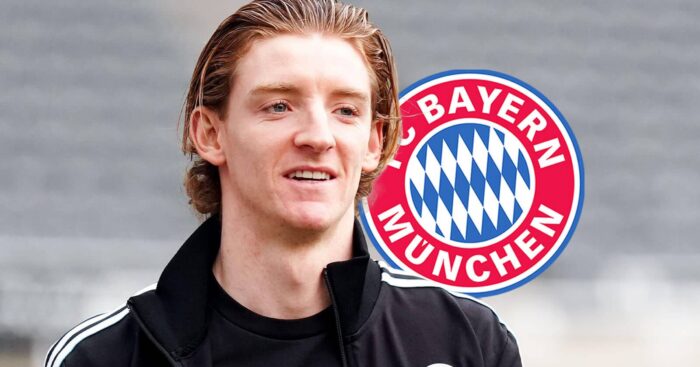 Newcastle star Anthony Gordon with a Bayern Munich badge