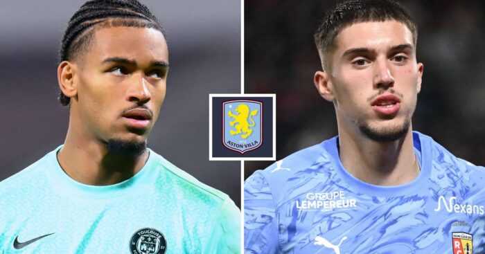 Guillaume Restes and Robin Risser with an Aston Villa badge