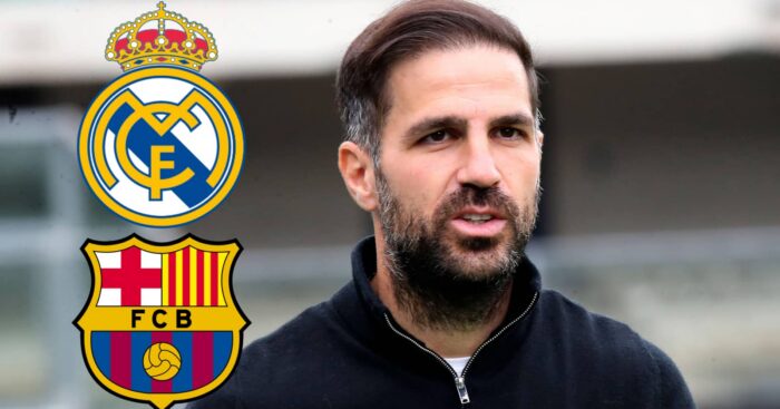 Cesc Fabregas with Real Madrid and Barcelona badges