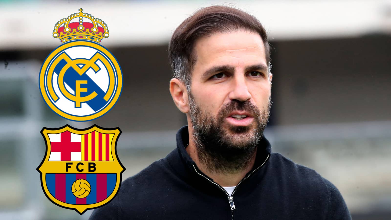 Cesc Fabregas with Real Madrid and Barcelona badges