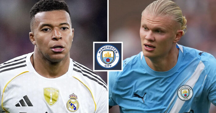 Split image of Real Madrid striker Kylian Mbappe and Manchester City striker Erling Haaland with the Manchester City badge in between - copyright TEAMtalk