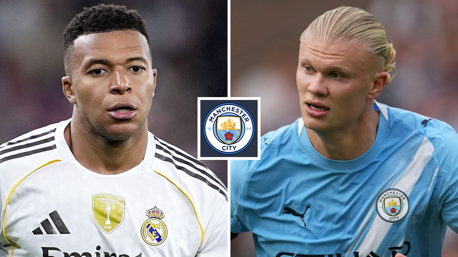 Split image of Real Madrid striker Kylian Mbappe and Manchester City striker Erling Haaland with the Manchester City badge in between - copyright TEAMtalk